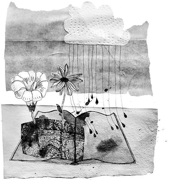 Reading – Collage and drawing by Camilla Lekebjer